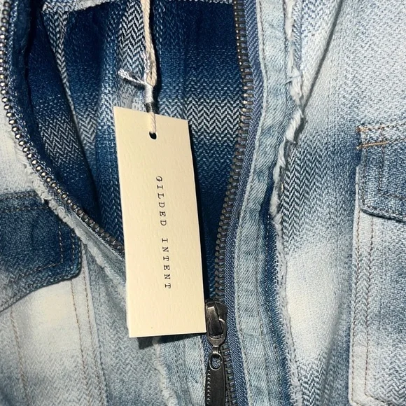 Gilded Intent Distressed Blue Checkered Denim Jacket medium NWT - Picture 7 of 8